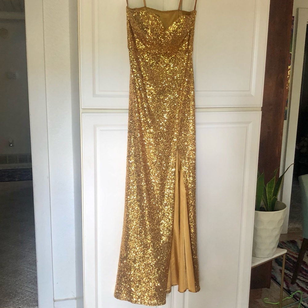 Gold sequence strapless gown